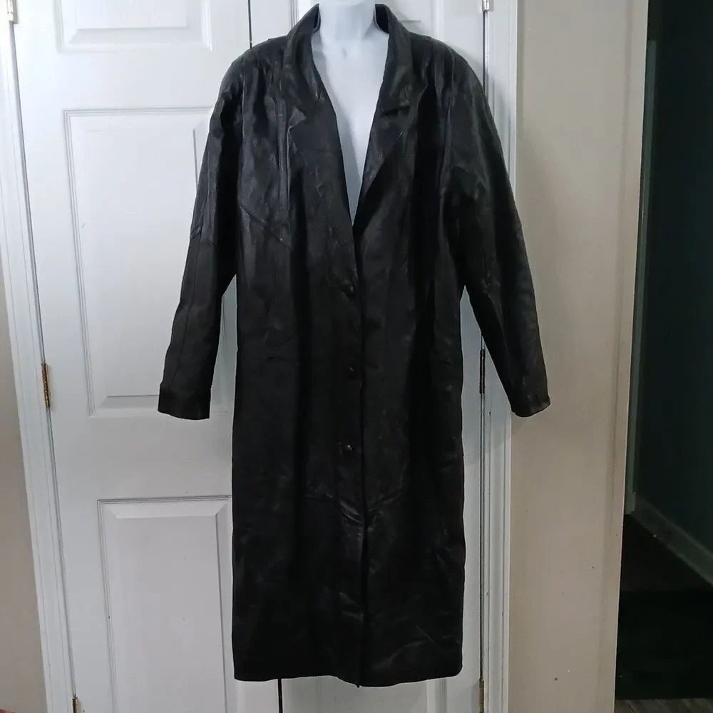 Liz Baker vintage Essentials black long leather trench coat Sz XLx